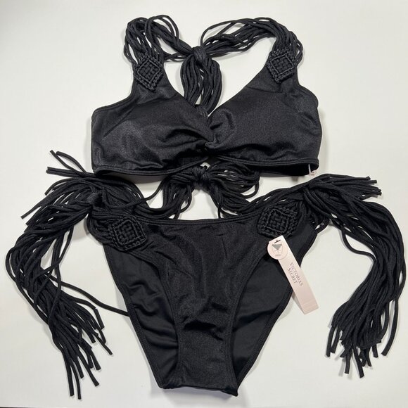 Victoria Secret Small S Macrame Fringe Bikini Top Bottom Set Black VS Archives - Picture 1 of 15